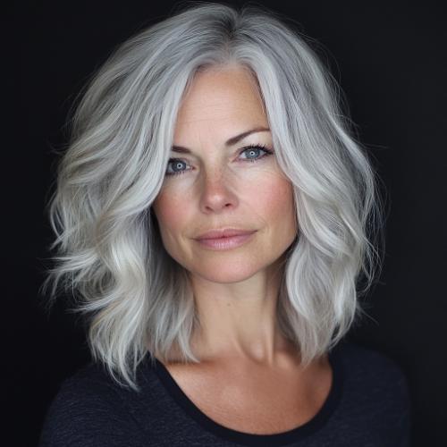 tousled silver gray long bob over 50