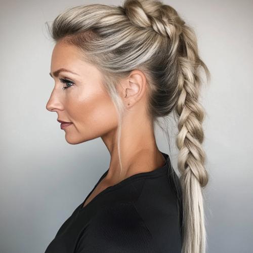 braided ponytail older woman over 50 gray hair