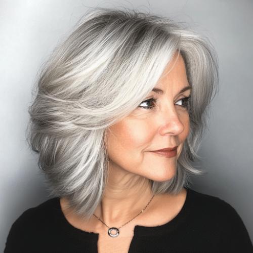 smokey ash gray bob with feathered layers