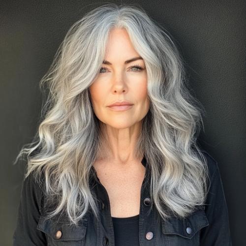 armpit length gray hairstyle for women over 50