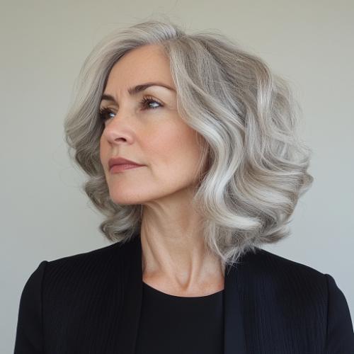 shoulder grazing wavy gray hairstyle over 50