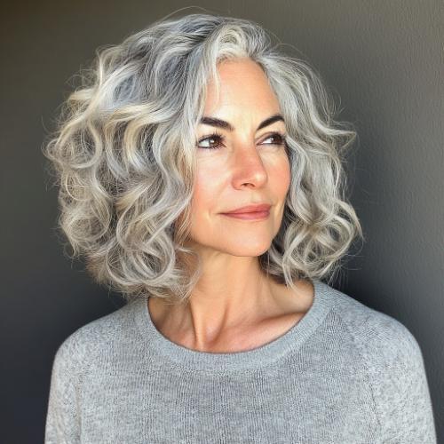 asymmetrical gray curly bob haircut for older women over 50