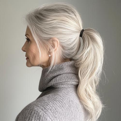 low messy gray ponytail for women over 50