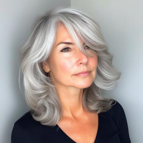 sophisticated silver gray wavy hair with side bangs