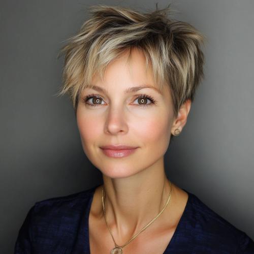 Textured Pixie Crop hairstyle for woman over 40 with fine hair