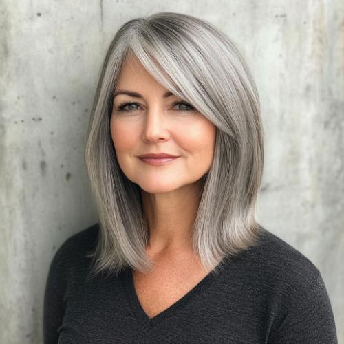 gray long bob with side bangs for women over 50