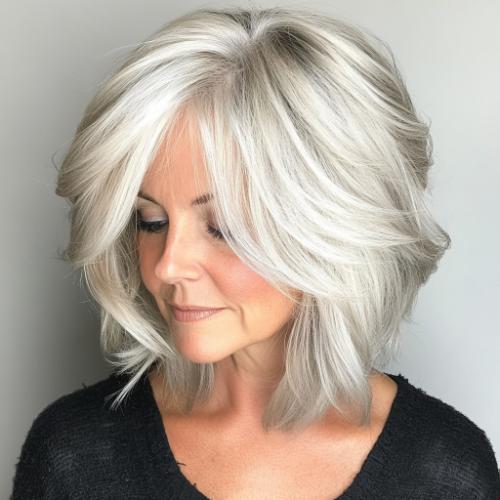 gray silver bob shorter in back for women over 50