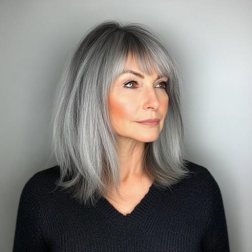 dark gray long bob with bangs for older women over 50