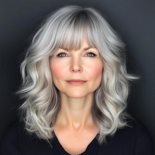 medium length gray hair over 50 with bangs