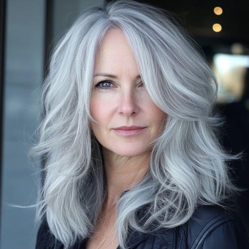 gray mid length layered haircut over 50