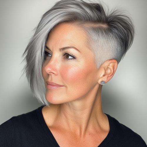 sleek gray undercut haircut for older women over 50