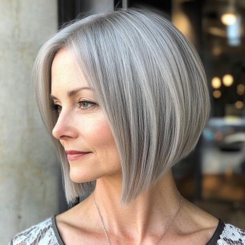 trendy gray silver A-line bob haircut with angles