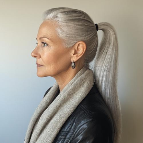 High ponytail for a woman over 50 with fine hair