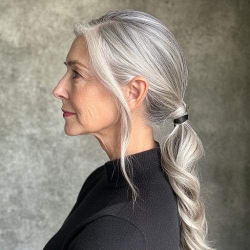 Ponytail with tendrils in the front for a woman over 50