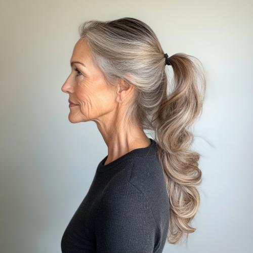 Ponytail with waves for a woman over 50