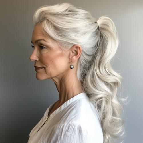 Voluminous ponytail with curls for a woman over 50