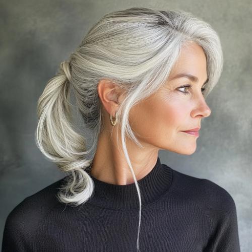 Low textured ponytail for an older woman