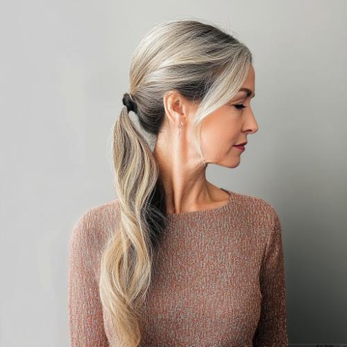 Gray ponytail with bangs for an older woman