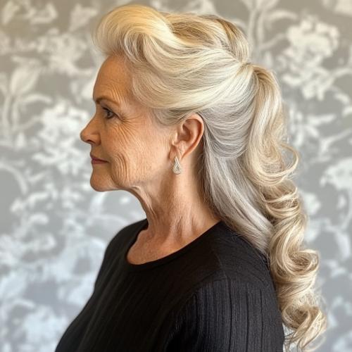 Half-up ponytail with waves for a woman over 50