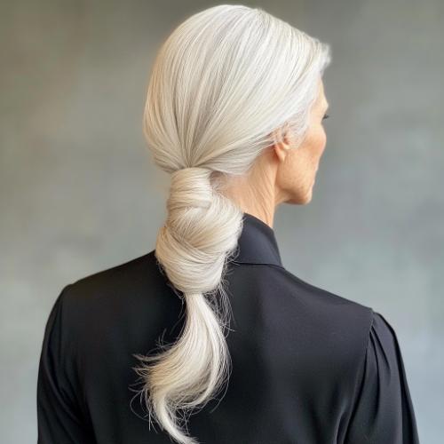 Knotted low ponytail for a woman over 50