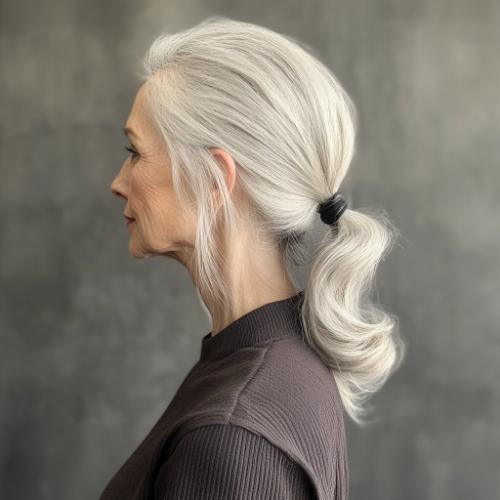 Medium-length low ponytail with waves for a woman over 50