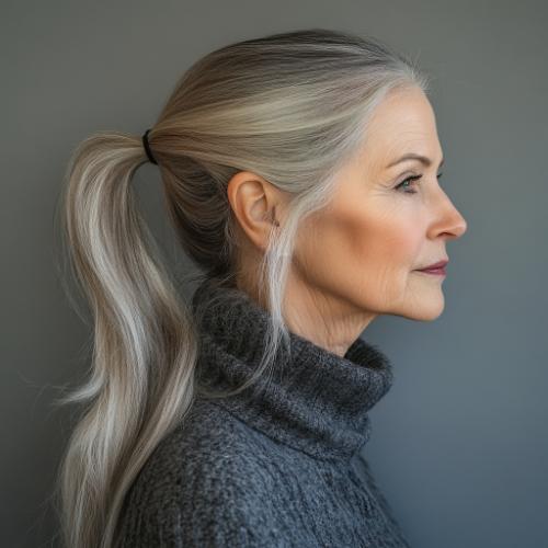 Salt and pepper ponytail for an older woman