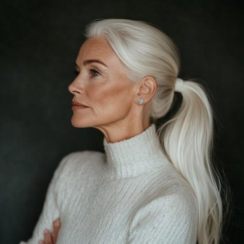 White ponytail for an older woman