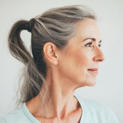 Messy textured ponytail for a woman over 50