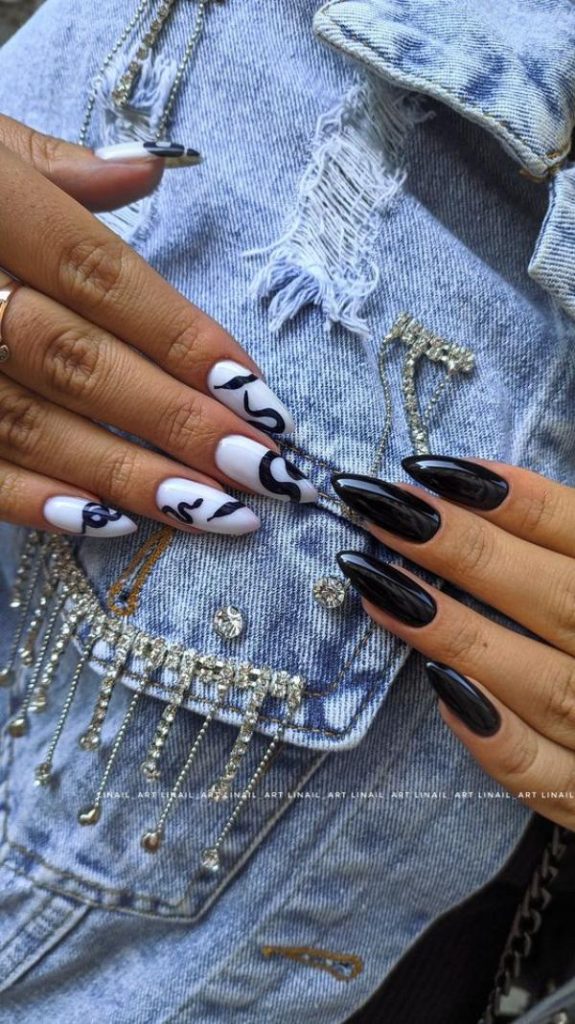 long-stiletto-black-and-white-serpent-nails-design