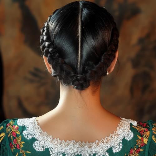 Traditional Mexican braid hairstyle with detailed artistic elements