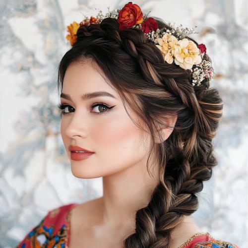 Modern Mexican braid hairstyle featuring detailed and vibrant elements