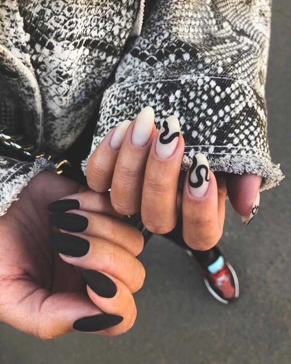 different-hands-nail-design-black-matte-milk-white-and-snake-art