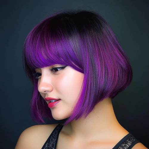 Vibrant purple bob hairstyle with a sleek and modern look