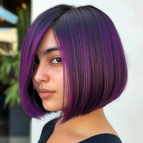 Elegant purple bob hairstyle with a sleek and polished finish