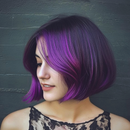 Bold purple bob haircut featuring a unique and stylish twist