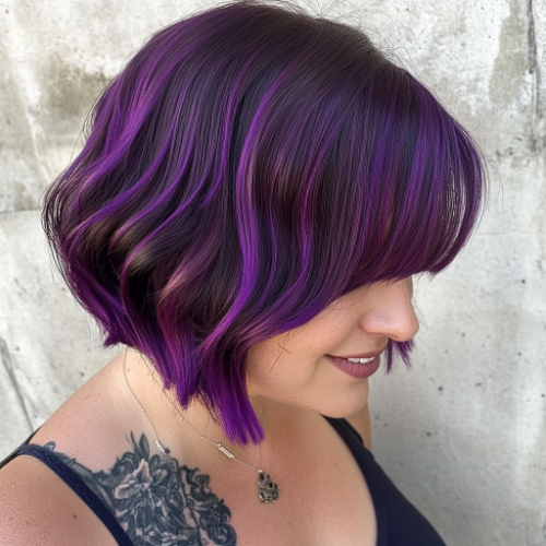 Trendy purple bob haircut featuring a chic and contemporary design