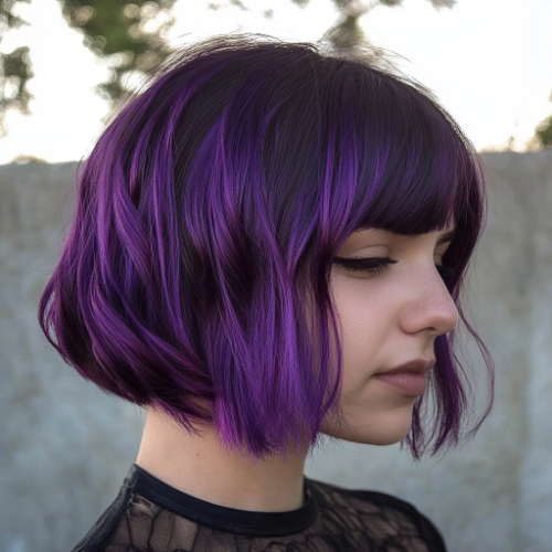 Elegant purple bob haircut featuring smooth lines and a polished finish