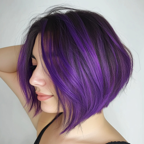 Bold purple bob haircut with a unique and striking design