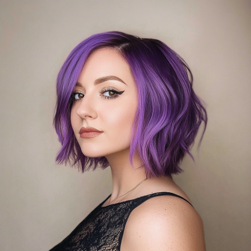 Stylish purple bob haircut featuring a playful and modern twist