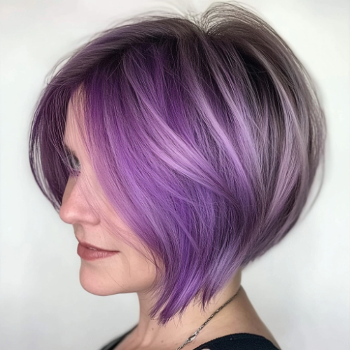 Sophisticated purple bob hairstyle with a polished, elegant finish