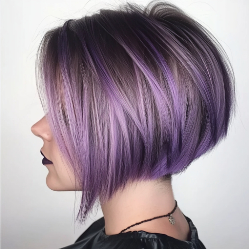 Sophisticated purple bob hairstyle featuring a sleek and elegant cut