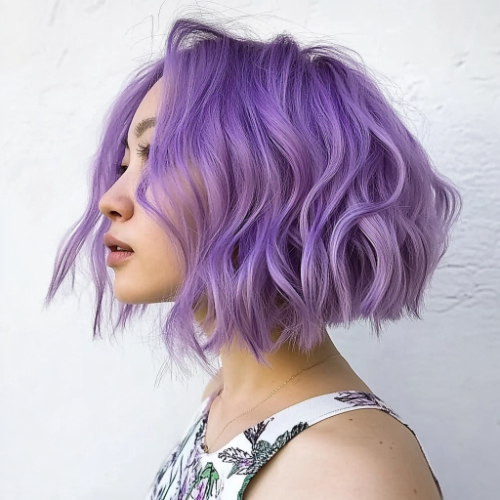 Trendy purple bob hairstyle featuring a sleek and elegant look