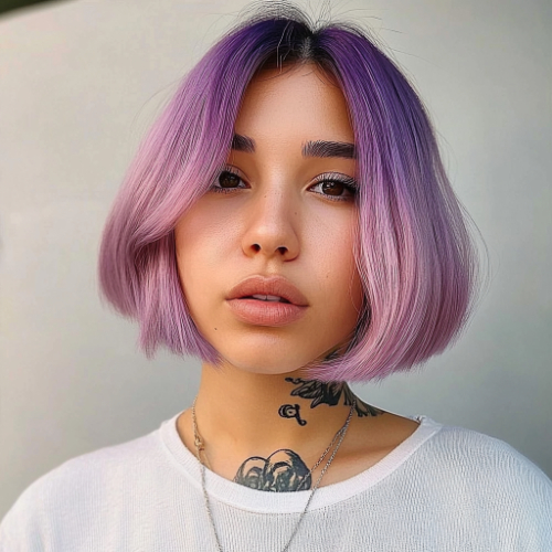 Fashionable purple bob haircut with a sleek, modern look