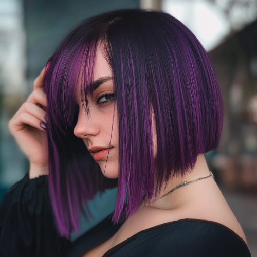 Modern purple bob hairstyle showcasing a trendy and fashionable look