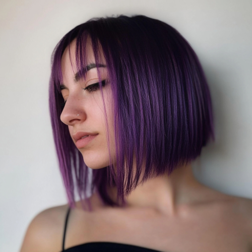 Bold purple bob haircut with a unique and eye-catching design