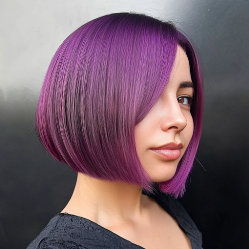 Bold purple bob haircut featuring a trendy and fashionable look