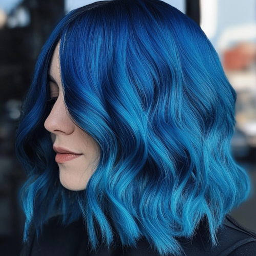 edgy blue bob hairstyle