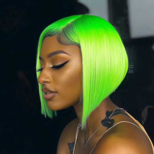 neon lime-green bob haircut woman