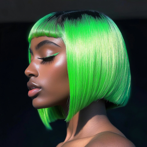 neon green bob haircut woman