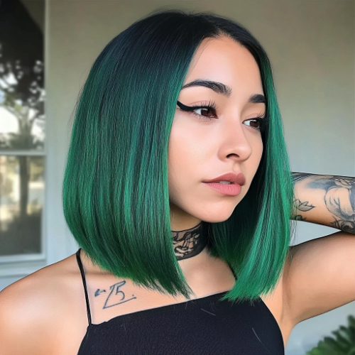 bob haircut green hair